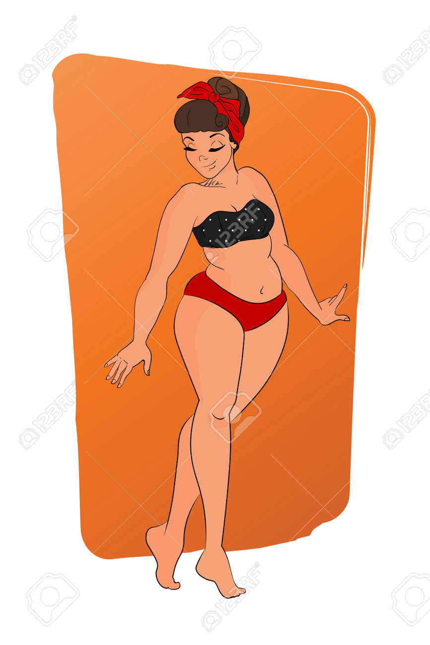オレンジ色の水着の人物画